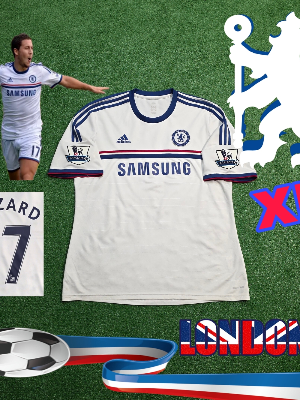 Adidas Chelsea FC Eden Hazard #17 2013/2014 Away White Jersey EPL Patches Rare